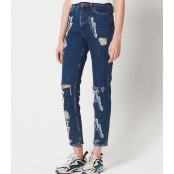SANDRO jeans 34 US 0 pearl embellished ripped lightening bolt - Picture 1 of 10